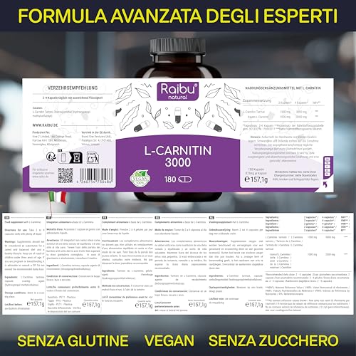 L Carnitina 1000 Integratore - Alto Dosaggio Di 180 Capsule Con Vitamina C - 1000 Mg Per Dose Giornaliera - Tartrato Di L-Carnitina Puro - Vegano, Naturale E Testato In Laboratorio - 3