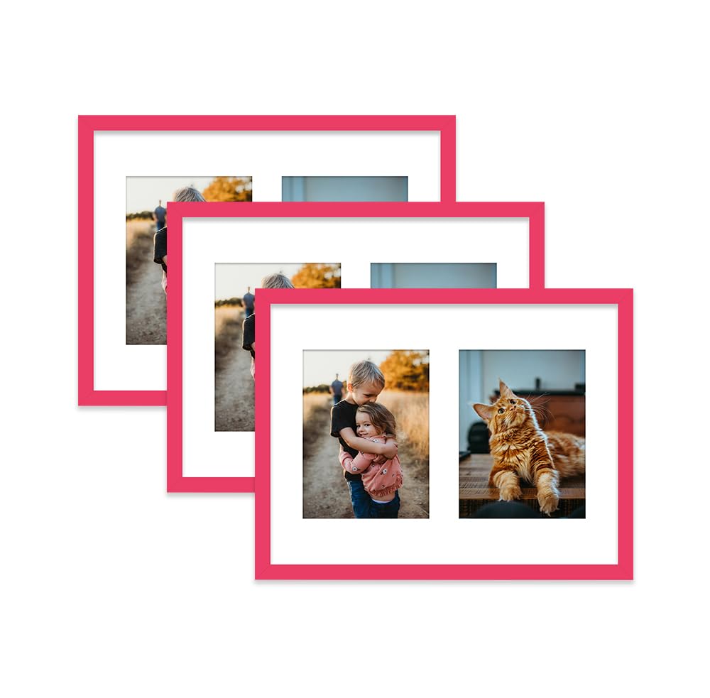 Bright Pink Multi Photo Frame - Holds 2 x 8x6 Pictures, Family Collage Picture Frame for Wall Display, 16x12 Frame size, Set of 3