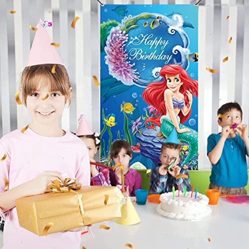 3X6Ft Girls Princess Birthday Door Cover Banner Under The Sea Princess Photography Backdrop Ocean Girls Happy Birthday Party Decoration Supplies Photoshoot Studio Props (Blue) #TOP4