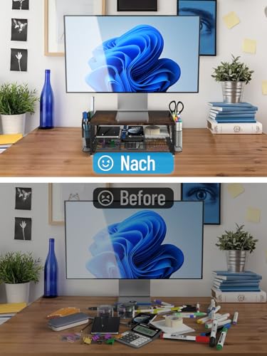 MOWETOO Monitor Ständer mit 2 Ebenen,Druckerständer, Monitorständer mit Gitterplattform, Schublade und Stifthalter, geeignet für Laptop, Computer, PC, Drucker, Beamer bis zu 20 kg (Holzton)