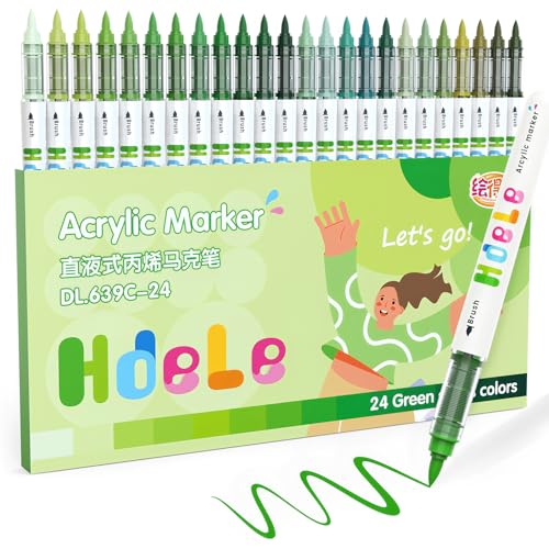 Guangna Green Acrylic Paint Markers 24 Color Brush Tip Acrylic Paint Pens for Pumpkin Paint Christmas Art Rock Painting Wood Glass Ceramic Canvas Stone DIY Crafts