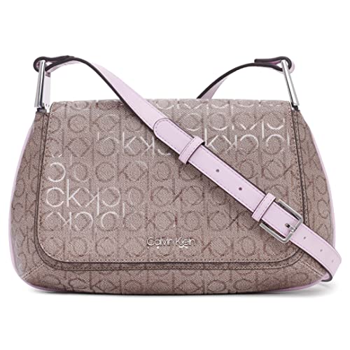 Calvin Klein Bolsa tiracolo feminina Charlie Flap, Amêndoa/Castanho-Acinzentado/Orquídea, One Size