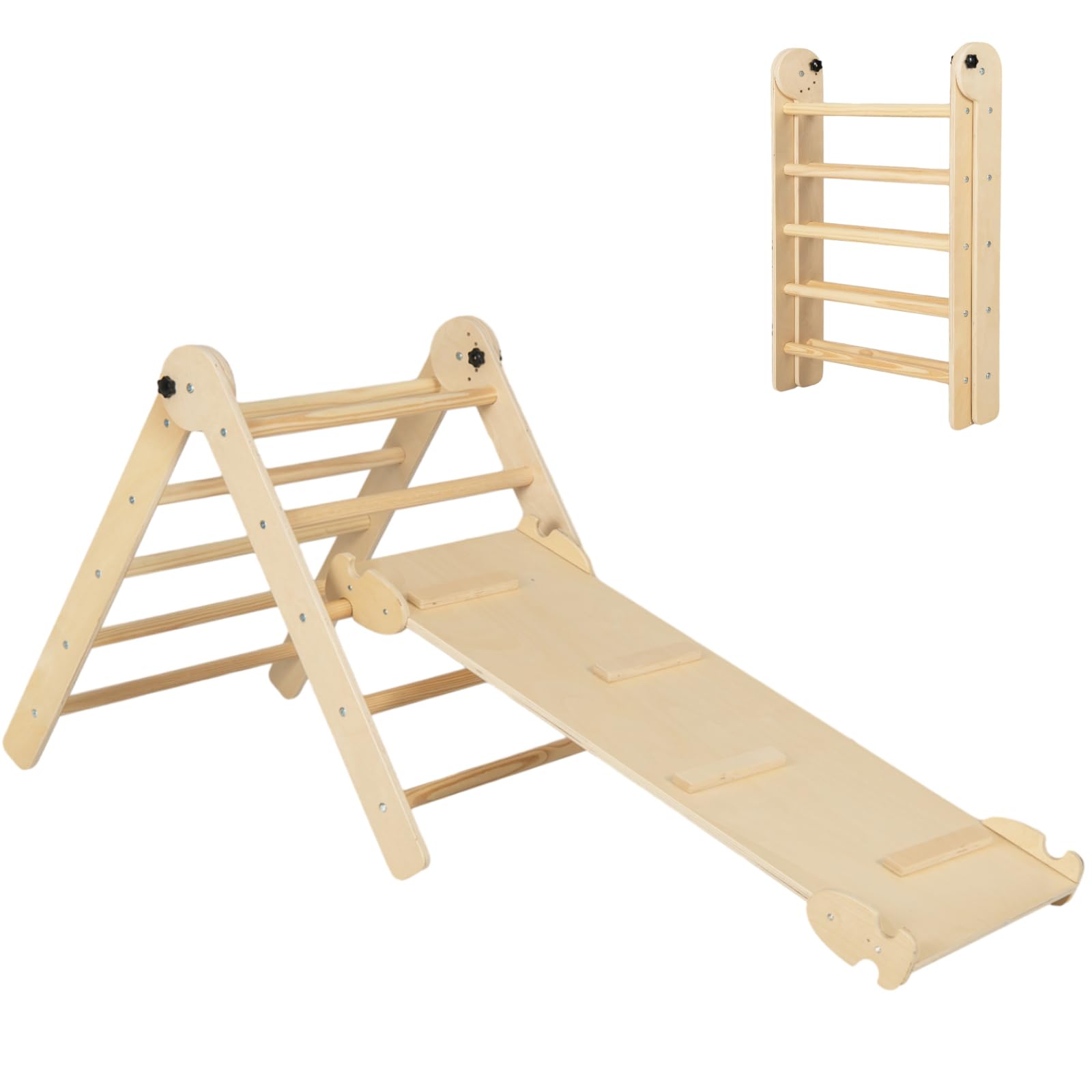 Maxmass 4-in-1 Kids Climbing Frame, Foldable Toddlers Climbing Toy Set with Double-side Ramp, Indoor Wooden Montessori Triangle Climber Children Play Gym Set for 3+ Years Old (Natural)