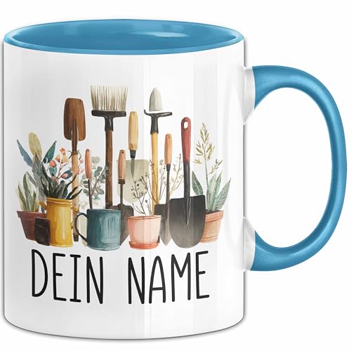 Garten Tasse mit Namen &ndash; Personalisierte Tasse Gartenger&auml;te Geschenkidee G&auml;rtner Pflanzen Namentasse (Blau)