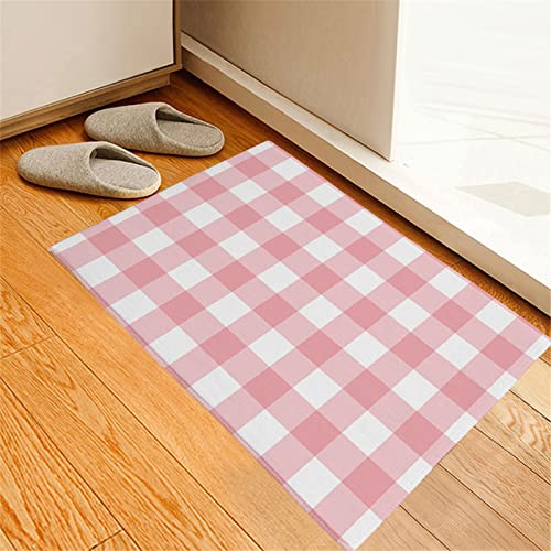 Pink Door Mat, Pink Checkered Front Door Mat, Soft Non-Slip Absorbent Floor Mats, Home Decor Fluffy Plush Welcome Mat, Shaggy Bathroom Rugs Checkered Bath Mat, 16X24In Buffalo Check Indoor Door Mat #TOP1