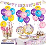 136 Pcs Unicorn Birthday Decorations Birthday Party Supplies Kits for Girls，Includes Dinner & Dessert Plates, Napkins, Cups, Cutlery, Banner, Ballom，Cake Cupcake Toppers and Tablecloth