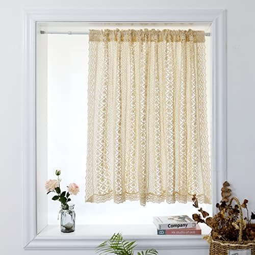 ArtisticHome Linen Cafe Short Tier Curtains, Small Natural Cotton Light Filter Handmade Crochet Hollow Kitchen Curtain Valance 24" Drop Beige Half Window Treatment Rod Pocket for Bedroom, Living Room