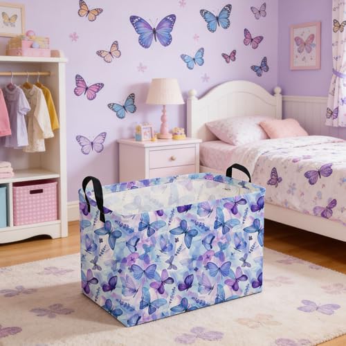 Image of Rectangular Purple Butterfly Baskets,Foldable Waterproof Outdoor Purple Gift Basket with Handle,Baby Storage Basket,Girls Baskets,Butterfly Room Decor(Cute Butterfly)