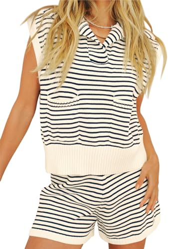 Image of Imily Bela Womens 2 Piece Outfits Sweater Sets Striped Knit Sleeveless Pullover Top Shorts Lounge Set