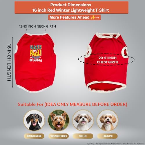 Image of JoyDaog Cozy Dog Winter Coat Red Color 16 Inch(M)- inchHASS Mat Pagli Pyaar Ho Jayega inch Printed Soft Trendy Apparel for Small & Medium Dogs | Indoor & Outdoor