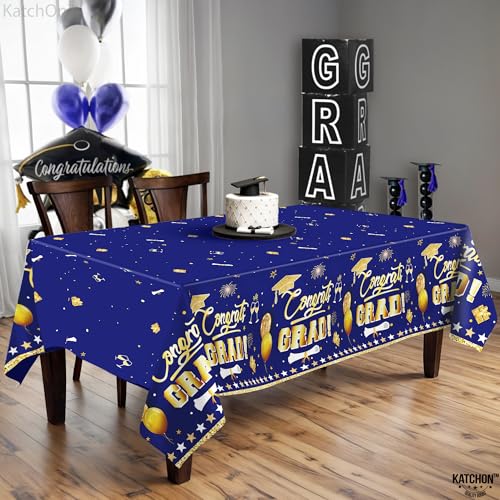 Image of KatchOn Graduation Tablecloth - Pack of 3, 54x108 Inch | Blue and Gold Graduation Decorations 2026, Congrats Grad Tablecloth | Graduation Table Decorations 2026, Plastic Tablecloth Disposable