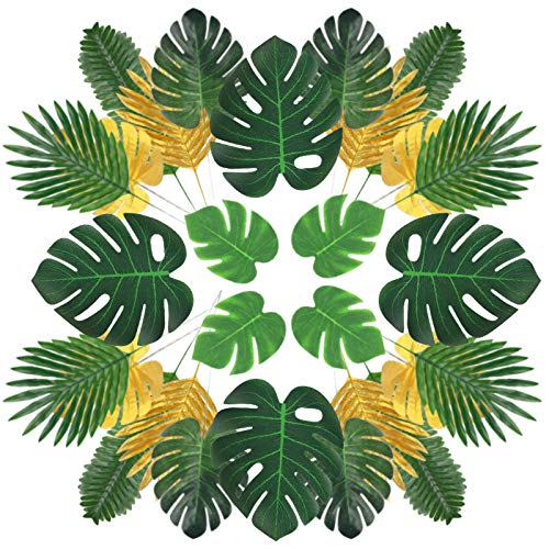 JOHOUSE Artificial Palm Leaves, 68PCS Tropical Plant with Faux Monstera Leaves Stems Simulation Safari Leaves for Hawaiian Luau Party,Jungle Beach Theme Party,Table Leaves Decorations,7 Kinds