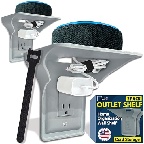 Power Perch Wall Outlet Shelf with Cord Storage Strap – Electric Toothbrush Holder for Bathroom Organization – Small Wall Shelf for Alexa Dot Hold