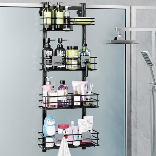 Orimade Over The Door Shower Caddy Adjustable 4 Tier Black,Bathroom Hanging Organizer Shelf Rustproof with 4 Hooks,Shower Basket with Soap Holder and Suction Cup