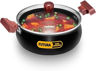 Hawkins Futura 3 Litre Cook N Serve Handi, Hard Anodised Biryani Handi with Glass Lid Non-Stick Saucepan, Sauce Pan, Black (Ach30G)