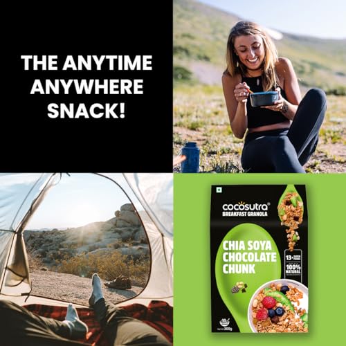 Image of Cocosutra Chia Soya Chocolate Chunk Breakfast Granola - 300 g | 100% Natural, Vegan & Gluten Free | High Protein Cereal with Oats, Nuts, Seeds and Dry Fruits | Lightly sweetened with Jaggery