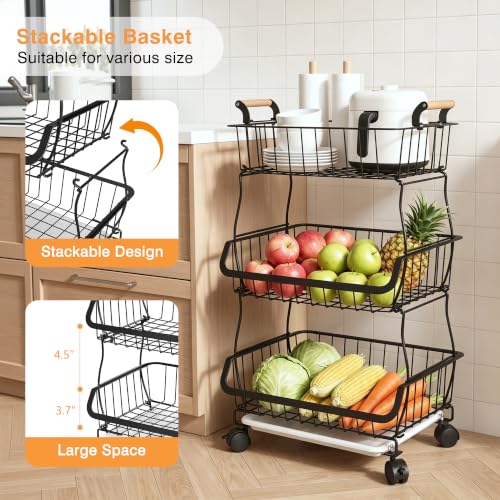 VECELO 3-Tier Fruit Basket with Wheels, Fruit and Vegetable Storage Cart for Kithchen, Easy to Move, Durable, Stackable Produce Organizer Wire Baskets for Kitchen, Pantry, Living Room by VECELO - Used condition - Image 3