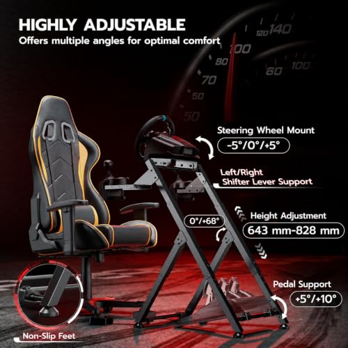 Image of Hoss Adjustable & Foldable Steering Wheel Stand with Gear Shifter Mount - Compatible with Logitech G29, G923,Thrustmaster and Fanatec - Sturdy Steel Frame with & Anti-Slip Feet - Only Stand- Black