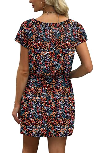 Image of OFEEFAN Summer Dresses for Women 2026 V Neck T Shirt Casual Mini Dresses Tie Waist Sundresses with Pockets