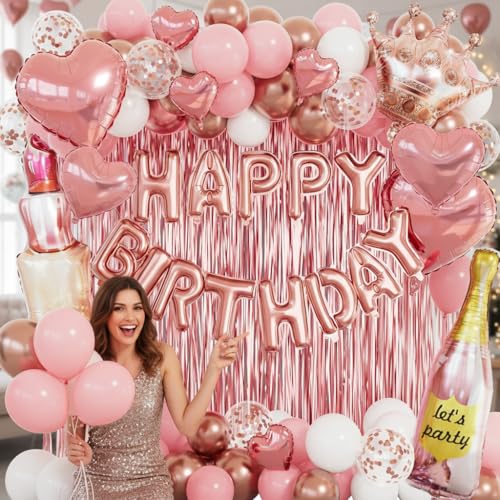 Image of Piece Rose Gold Birthday Decorations for Women 96pcs, Pink Balloons birthday decorations with Happy Birthday Banner, Rose Gold Foil Fringe Curtains for Valentines Wedding Romantic Party Decor