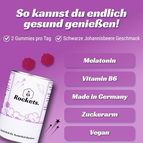 Rockets Dreamy Melatonin-Gummibärchen | Lila Gummis mit Melatonin, Baldriansaft & Vitamin B6 | 60 Stück (Monatsvorrat) | Vegan & Zuckerarm | Made in Germany, Laborgeprüft