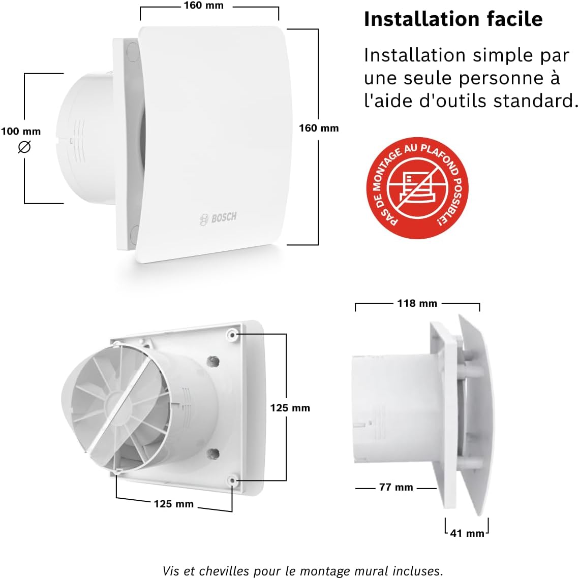 Diagram showing Bosch 100mm Bathroom Fan dimensions and wall mounting details