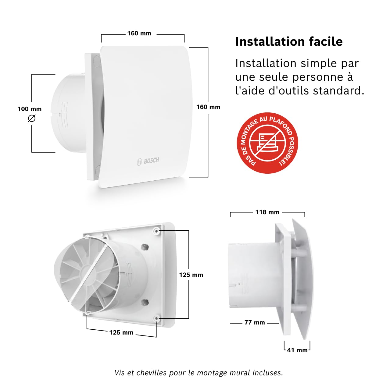 Bosch Ventilateur de Salle de Bain 1500 100mm - Pour la Ventilation dans la Salle de Bain et les Toilettes, Contre l'Humidité et la Moisissure - Avec Activation par Interrupteur - 100mm de Diamètre