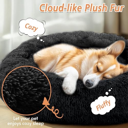 Image of JOLLYVOGUE Calming Dog Bed Medium Size Dog, 31in Donut Washable Medium Pet Bed, Anti-Slip & Anti-Anxiety Fluffy Faux Fur Round Dogs Bed, Fits up to 45 lbs Pets (Black)