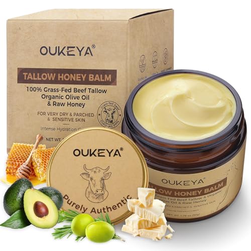 OUKEYA Beef Tallow Creme, Beef Tallow Skincare, Crema de Sebo de Vacuno, Cuidado Profundo, Bálsamo de Miel, para Rostro y Cuerpo (Versión Nutritiva Intensiva, 50 g)