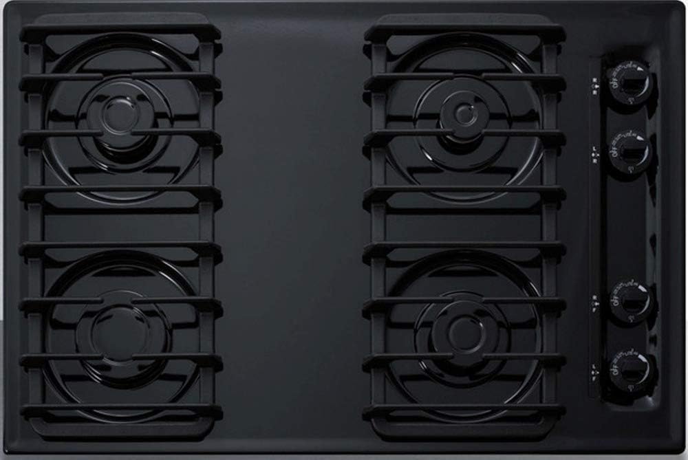 Summit Appliance TTL053S 30" Wide Sealed 4-Burner Gas Cooktop in Black with Cast Iron Grates and Electronic/Gas Spark Ignition, Porcelain Cooking Surface, Push-to-turn Knobs, Recessed Top