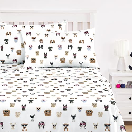 Wake In Cloud - Dog Bed Sheets 4-Piece Sheet Set Cute Kawaii Funny Cartoon Pet Puppy Animal Pattern Printed Bedding for Girls Boys Teens Kids Deep Pocket Brown White Queen Size
