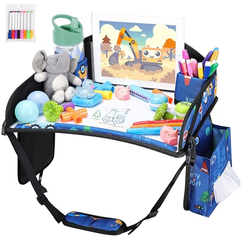 WENRENER Kids Travel Tray for Car-Car Seat Tray for Kids Travel, Carseat Table Top for Toddler Road Trip Essentials With Drawing Kit, Kids Lap Desk Organizer for Car, Airplane (Dark Blue Car)