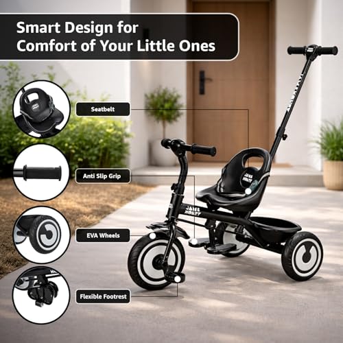 Image of Amazon Brand - Jam & Honey Tricycle for Kids | Seatblet, Parental Handle, & Storage Basket | ISI & BIS-Compliant | for Boys and Girls 2 to 4 Years | 73 x 46 x 90 cm | Black