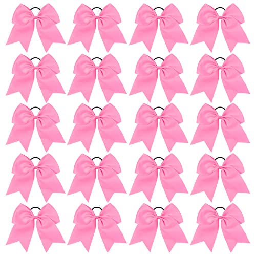 20 PCS 8 Inch Cheer Hair Bows Large Cheerleading Big Hair Bows with Ponytail Holder Hand-made Grosgrain Ribbon Hair Accessories for Teen Girls(Pink)