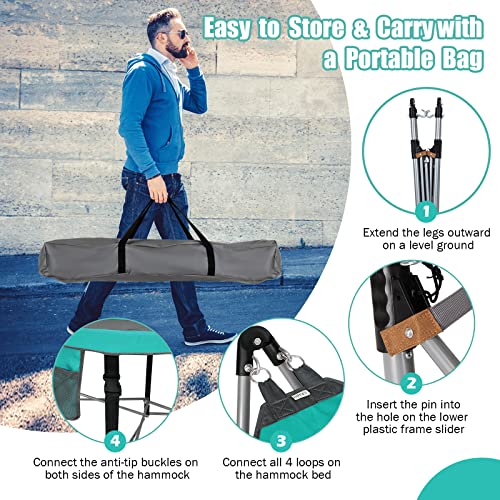 Giantex Portable Folding Hammock, Lounge Camping Bed With Hammock Stand, Indoor & Outdoor Hammock W/Side Pocket, Anti-Tip Buckles & Iron Stand For Camping Outdoor Patio Yard Beach (Turquoise) #TOP3
