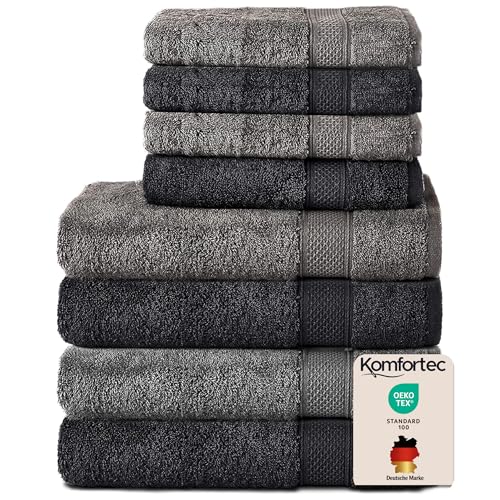 Komfortec 8er Handtücher Set, 4 Badetücher 70x140 cm & 4 Handtücher 50x100 cm, 100% Baumwolle Frottee, Flauschig und Saugstark,Anthrazit/Schwarz