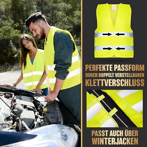 HELDENWERK Auto Warnweste 2er Set für Erwachsene europaweit einsetzbar - Reflektierende Warnwesten 2026 - PKW Sicherheitsweste, Pannenweste, KFZ Weste