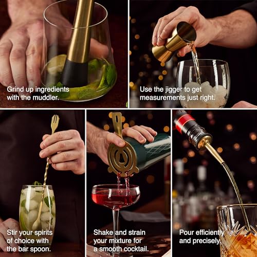 VonShef Cocktail Shaker Set, Gold & Green 6pc Set with Parisian Cocktail Shaker, Bartender Kit w/ Strainer, Muddler, Jigger & More, Gift Box Included - Image 5