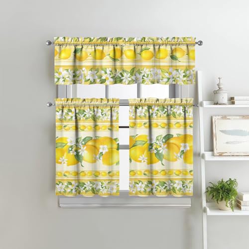Image of Lemon Kitchen Curtains 3 Piece Set Tier Valance Window Decor | 3 Piece Kitchen Curtain Set Includes 54x18in Valance and Two 27.5x36in Tier Curtains for Kitchen, Bedroom and Living Room