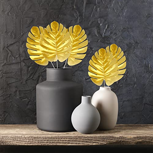 Kimober 24Pcs Artificial Gold Palm Leaves, Golden Faux Tropical Monstera Leaves Realistic Artificial Plants Leaf For Home Hawaiian Luau Party Jungle Beach Decorations #TOP4