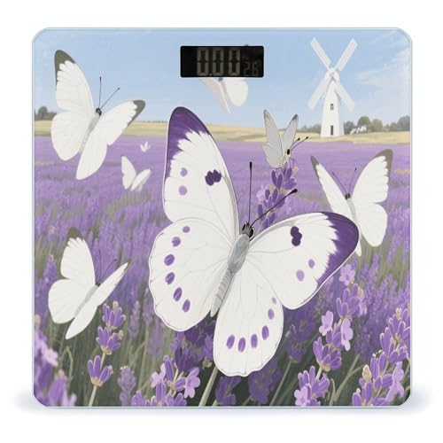 Balanza digital blanca con mariposas moradas 400 lb miniatura 1