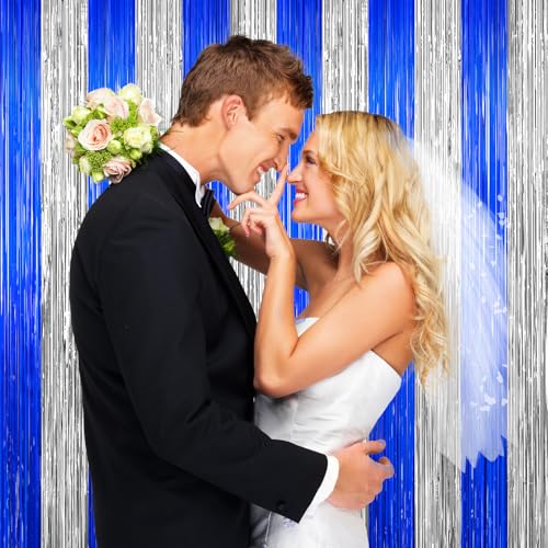 Image of Silver and Blue Tinsel Backdrop Foil Fringe Curtains, 2Pack Birthday Door Decorations Photo Backdrop, Party Streamers Supplies for Bachelorette, Graduation, Christmas, Disco Decor New Year Decorations