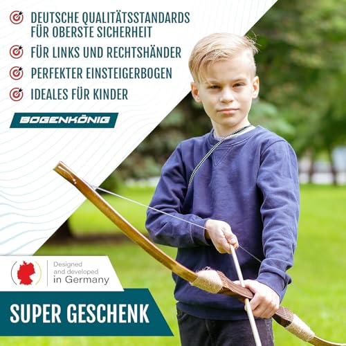 Bogenkönig Abenteuerfreude Holz Pfeil und Bogen Kinder ab 6 - Robuste Qualität für Langlebigkeit - 2er Set inkl. 20 Pfeile und 2 Köcher - Perfekt für Anfänger - Bogenschießen Kinder - Kinderbogen Set