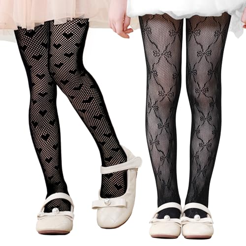 Zando Girls Lace Tights 2 Pack Heart Butterfly Rose Patterned Fishnet Stocking Hollow Pantyhose Toddler Girl 1T-12 Years
