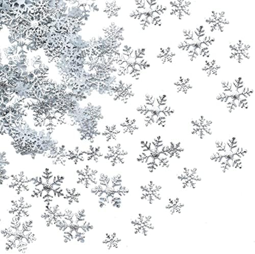 LYPER 300 Pcs Silver Snowflakes Confetti for Christmas Wonderland Winter Frozen Party, Glittered Large Plastic Snowflake Ornaments, Winter Christmas Wedding Birthday Holiday Party Decorations
