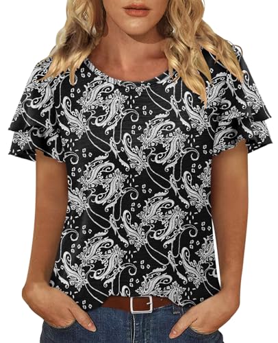 CRAZY GRID Women's Shirts Summer Casual Crewneck Ruffle Short Sleeve Blouses Cute Floral Print Tunic Tops