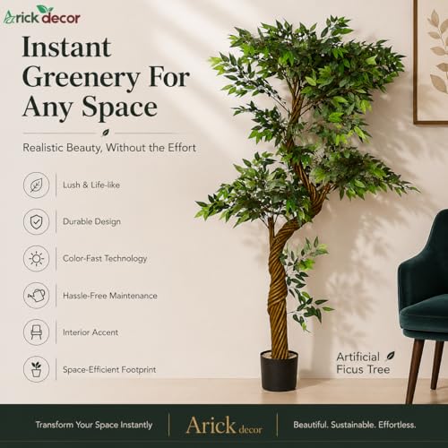 Image of ARICK DECOR 6ft Artificial Ficus Tree with Natural Wood Trunk, Large Lifelike Faux Floor Plant for Indoor Home Office Decor, Lush Green Silk Leaves in Black Pot - 180cm