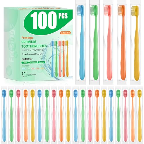 Fresings 100-Pack Premium Bulk Disposable Toothbrushes Individually Wrapped Soft Bristles Peanut Grip Handle for Travel Guest Bathroom Hotel & Emergency Kits Family Kids & Adults Single Use