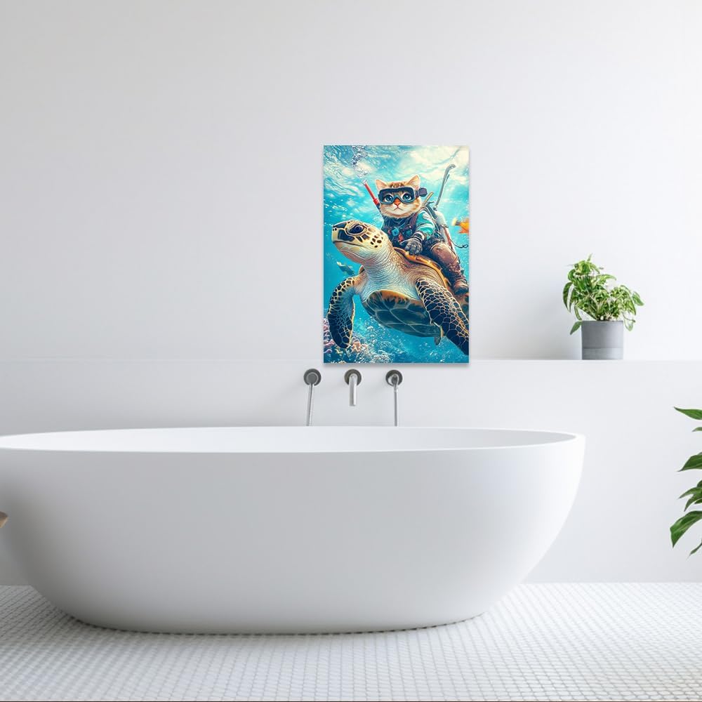 CCWORKERRY Sea Turtle Canvas Wall Art Turtle and Cat Pictures Marine Life Painting Ocean Animal Poster Nautical Bathroom Decor Framed(Blue,16L x 24W)