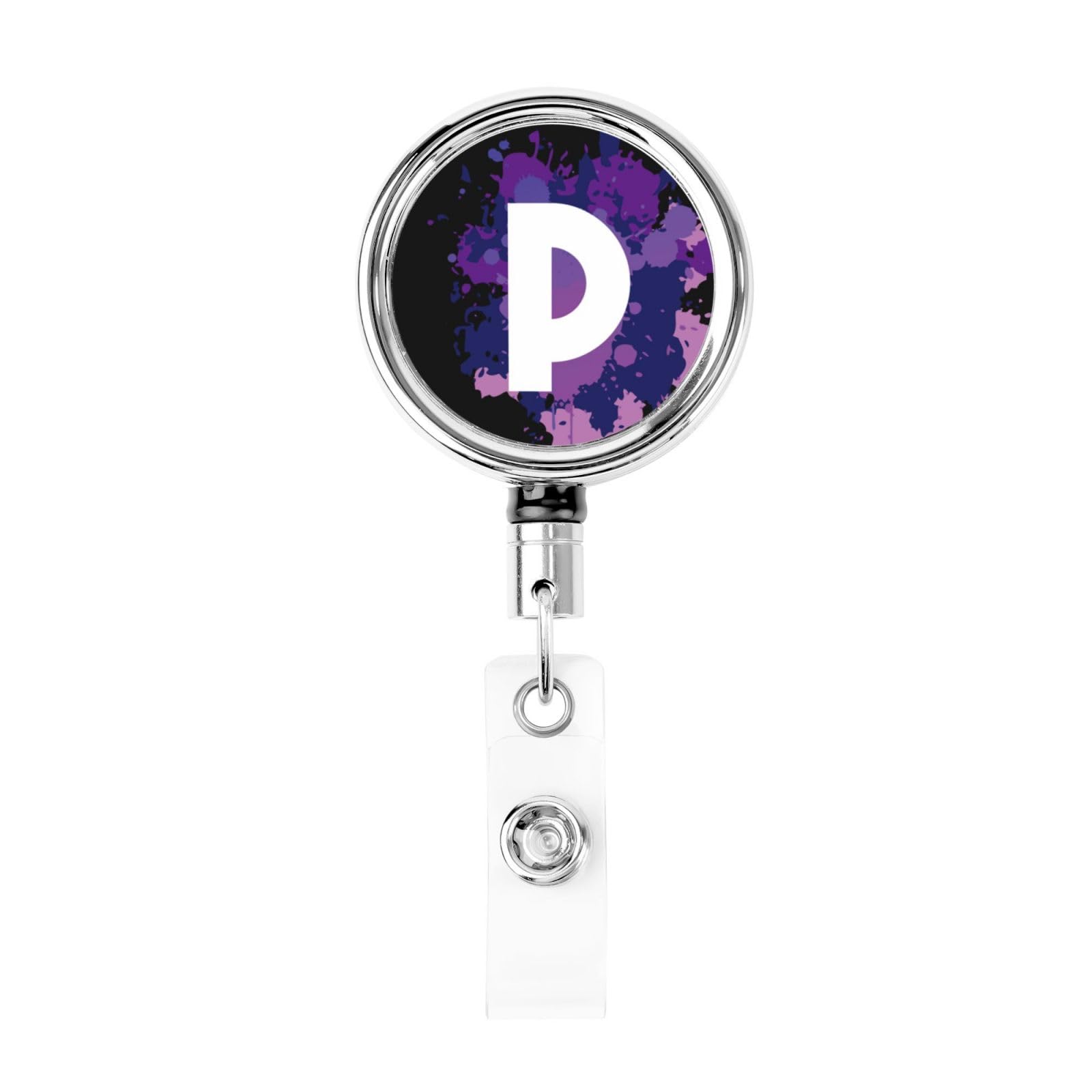Initial Retractable Badge Holder, Colorful Badge Key Chain with Belt Clip, Metal ID Card Holder with Badge Reel for Nurse, Volunteer, Teacher, Student, Office, Splatter Letter P